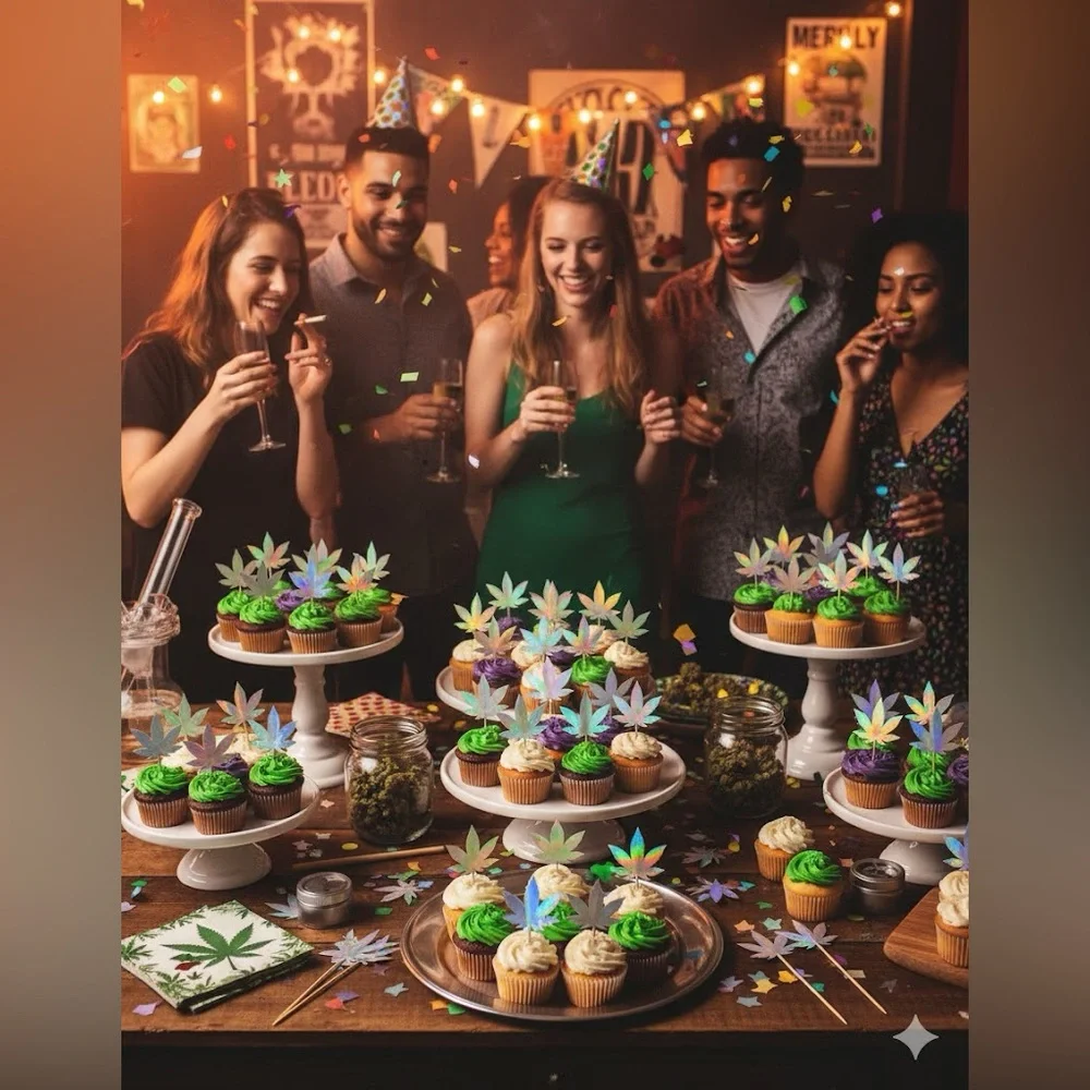 Marijuana Weed Leaf Festive Cupcake Toppers for Parties